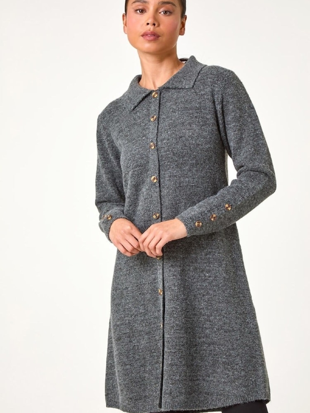 Zara Charcoal Grey Button-Up Long Sleeve Knit Dress
